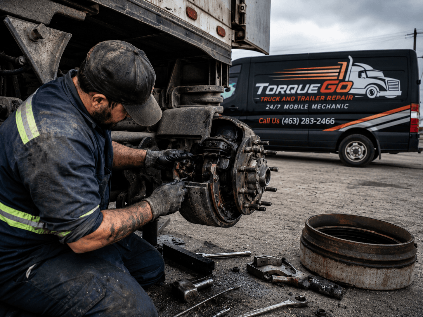 A TorqueGo mobile diesel mechanic in a branded service van diagnosing a pneumatic air brake leak on a commercial semi-truck on location in Indianapolis, Indiana.