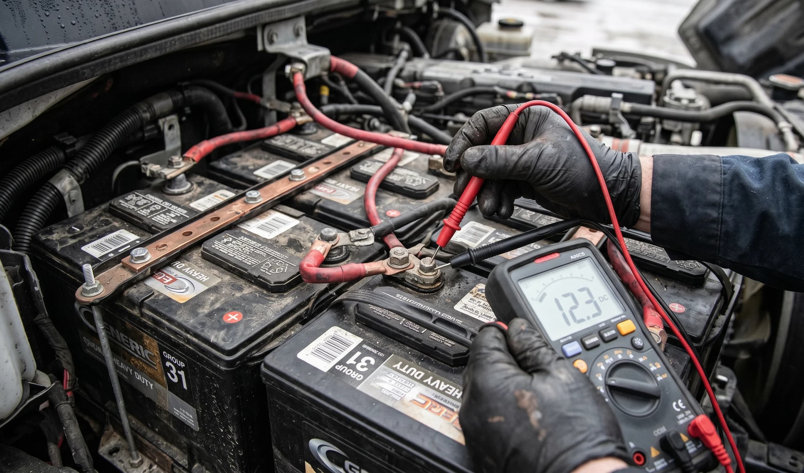 Mobile mechanic using a digital multimeter to test the voltage on a heavy-duty semi-truck battery bank